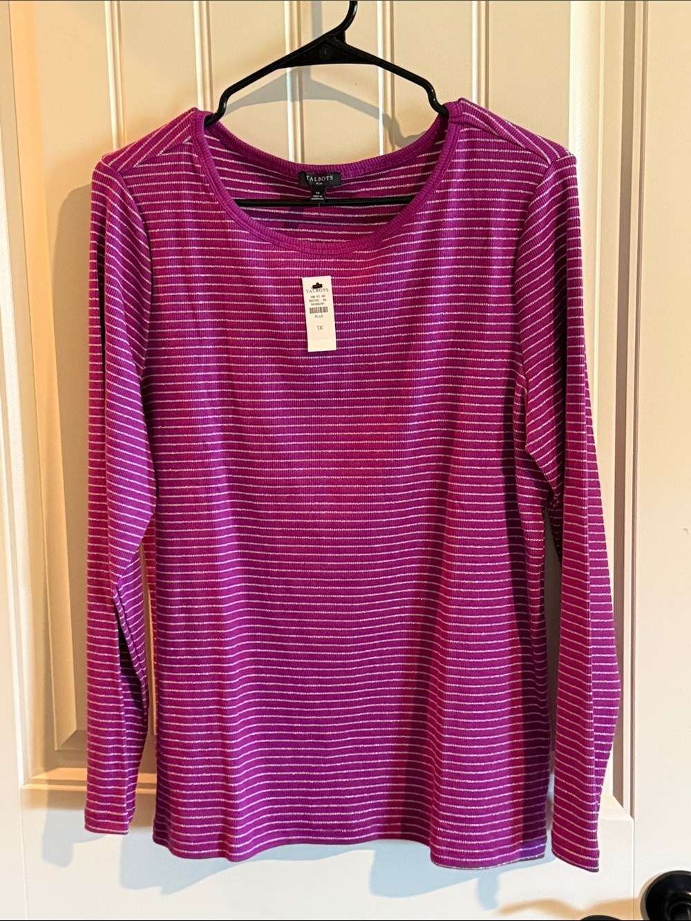Talbots Magenta & Metallic Silver Striped Long-Sleeve Crewneck